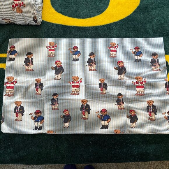 Ralph Lauren Polo Vtg Teddy Bear Blue Stripe Twin Comforter & 3 Pillow Cases - Picture 10 of 13